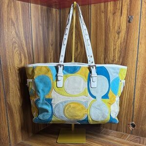 Coach Blue and Yellow Signature Suede Tote